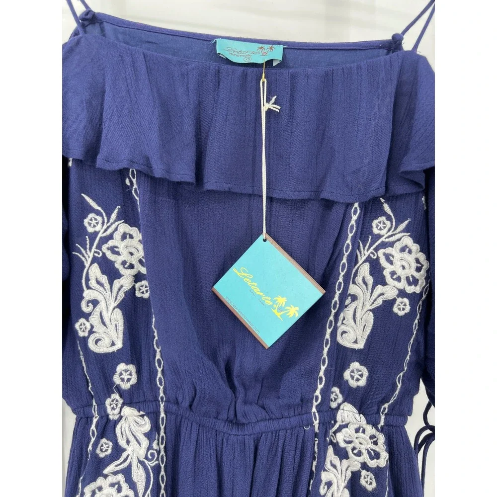Letarte Maui Hawaii Navy Blue Embroidered Off Shoulder Ruffle Dress Womens‎ XS
